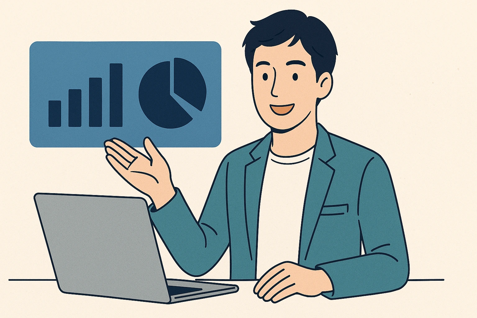 グラフを指し示しながらパソコンを操作する30代の日本人男性のイラスト。清潔感のあるオフィスで、サービスや事業概要を説明する様子。