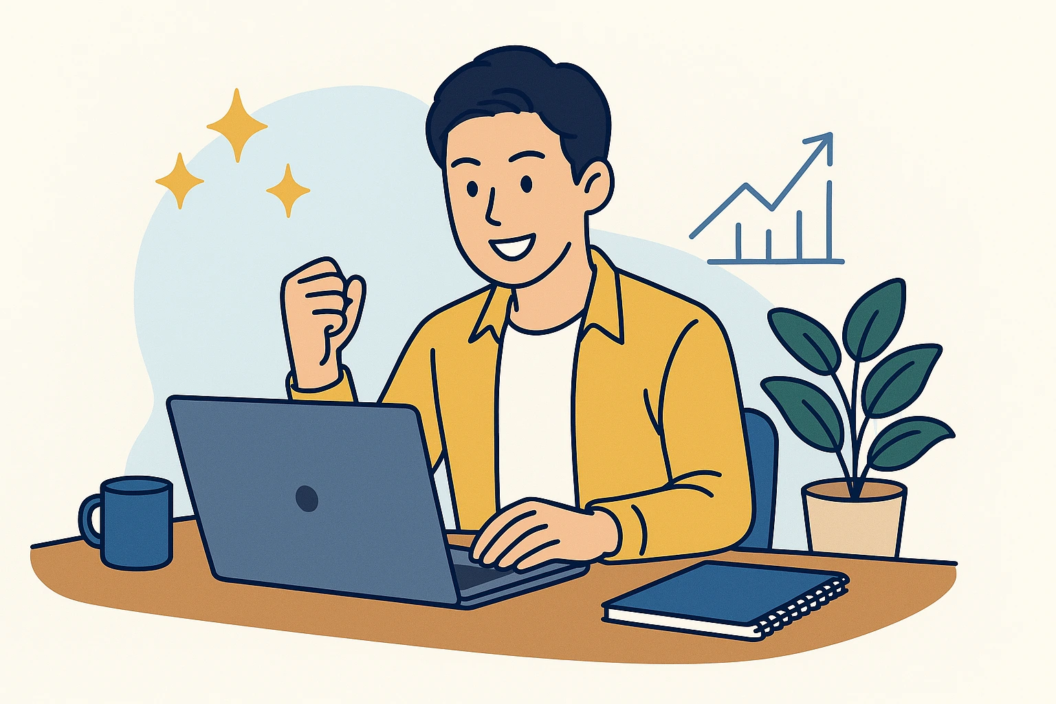 ノートパソコンで作業しながら喜びの表情を見せる30代の日本人男性のイラスト。清潔感のあるデスク環境と成長を象徴するグラフが背景に描かれている。