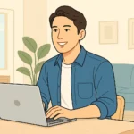 ノートパソコンを操作する30代の日本人男性のイラスト。清潔感のある明るい室内で、カジュアルにアフィリエイト作業を進めている様子。