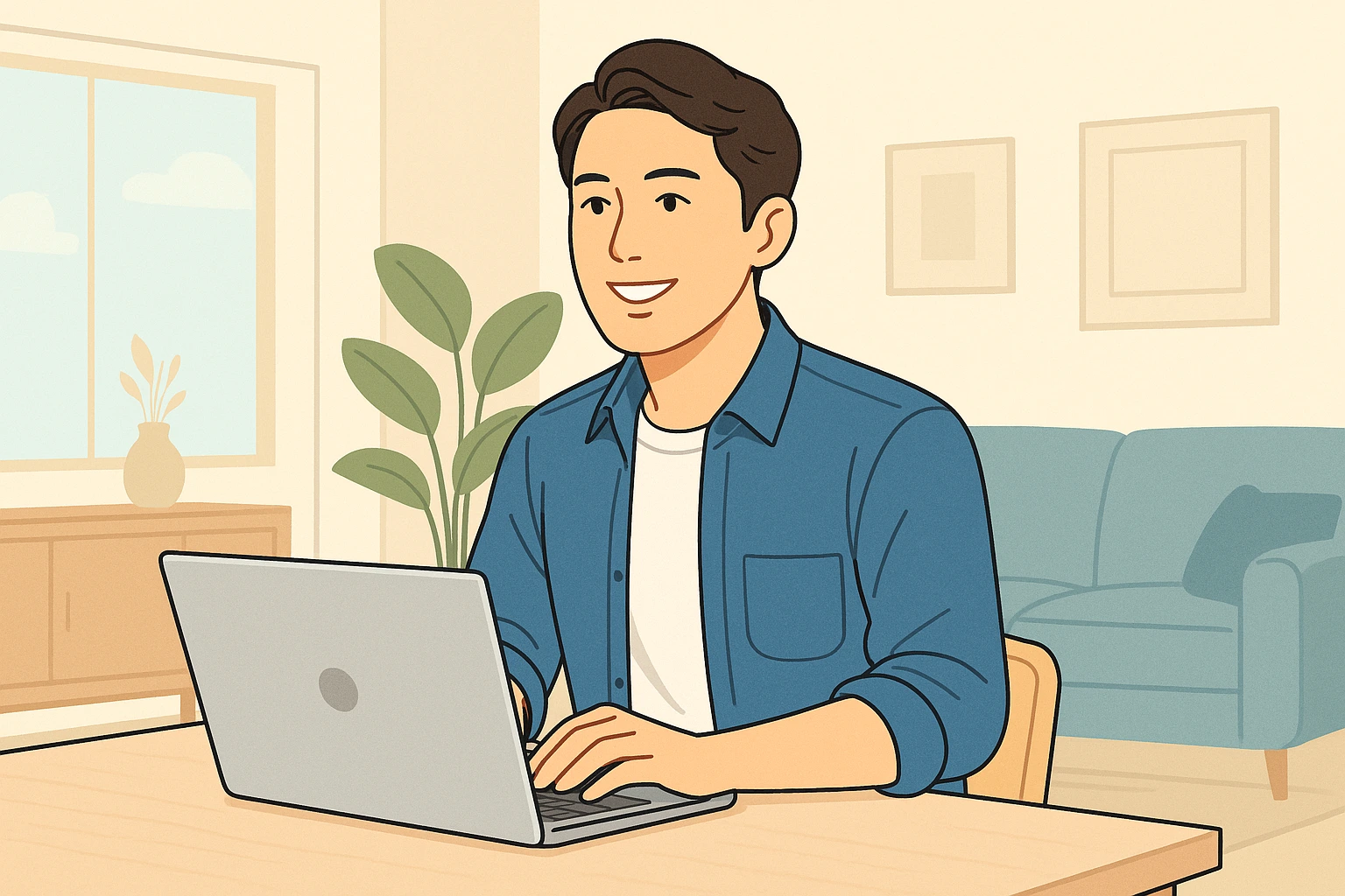ノートパソコンを操作する30代の日本人男性のイラスト。清潔感のある明るい室内で、カジュアルにアフィリエイト作業を進めている様子。