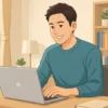明るい自宅のワークスペースでノートパソコンに向かって作業する30代の日本人男性のイラスト。副業や在宅ワークに取り組む様子を現代的な雰囲気で表現。