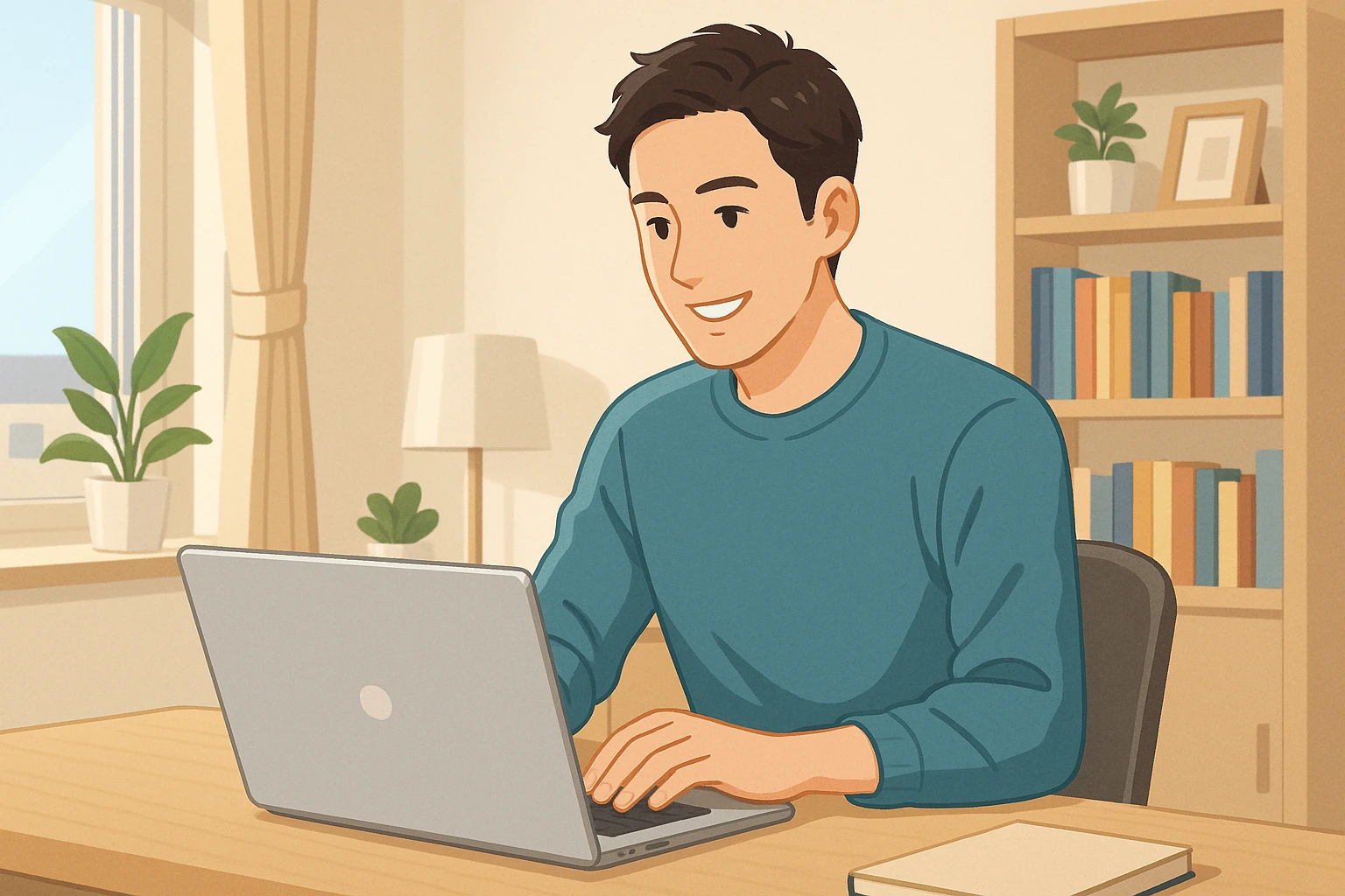 明るい自宅のワークスペースでノートパソコンに向かって作業する30代の日本人男性のイラスト。副業や在宅ワークに取り組む様子を現代的な雰囲気で表現。