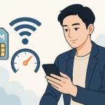 格安SIMの通信速度や安定性を調べている日本人男性が、スマートフォンを操作しているイラスト。背景にはSIMカード、Wi-Fi、速度メーターのアイコンが描かれている。現代的で清潔感のあるスタイル。