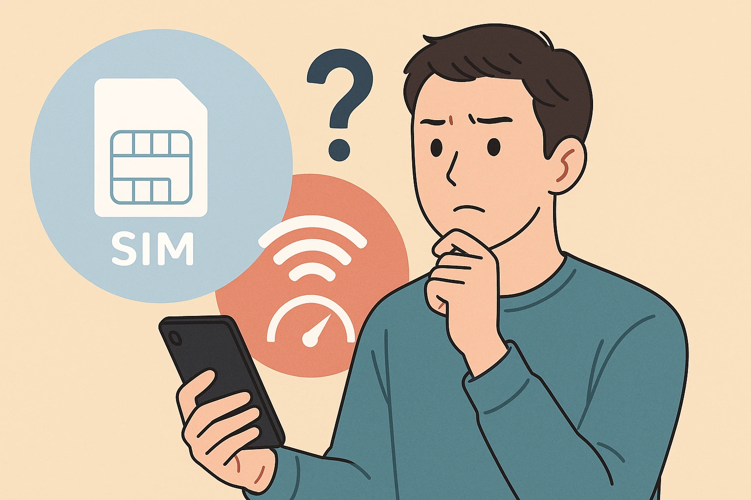 格安SIMの通信速度や安定性に疑問を抱きながらスマートフォンを操作する日本人男性。背景にはSIMカード、Wi-Fi、スピードメーター、疑問符のアイコンが描かれ、現代的で清潔感のあるスタイルのイラスト。