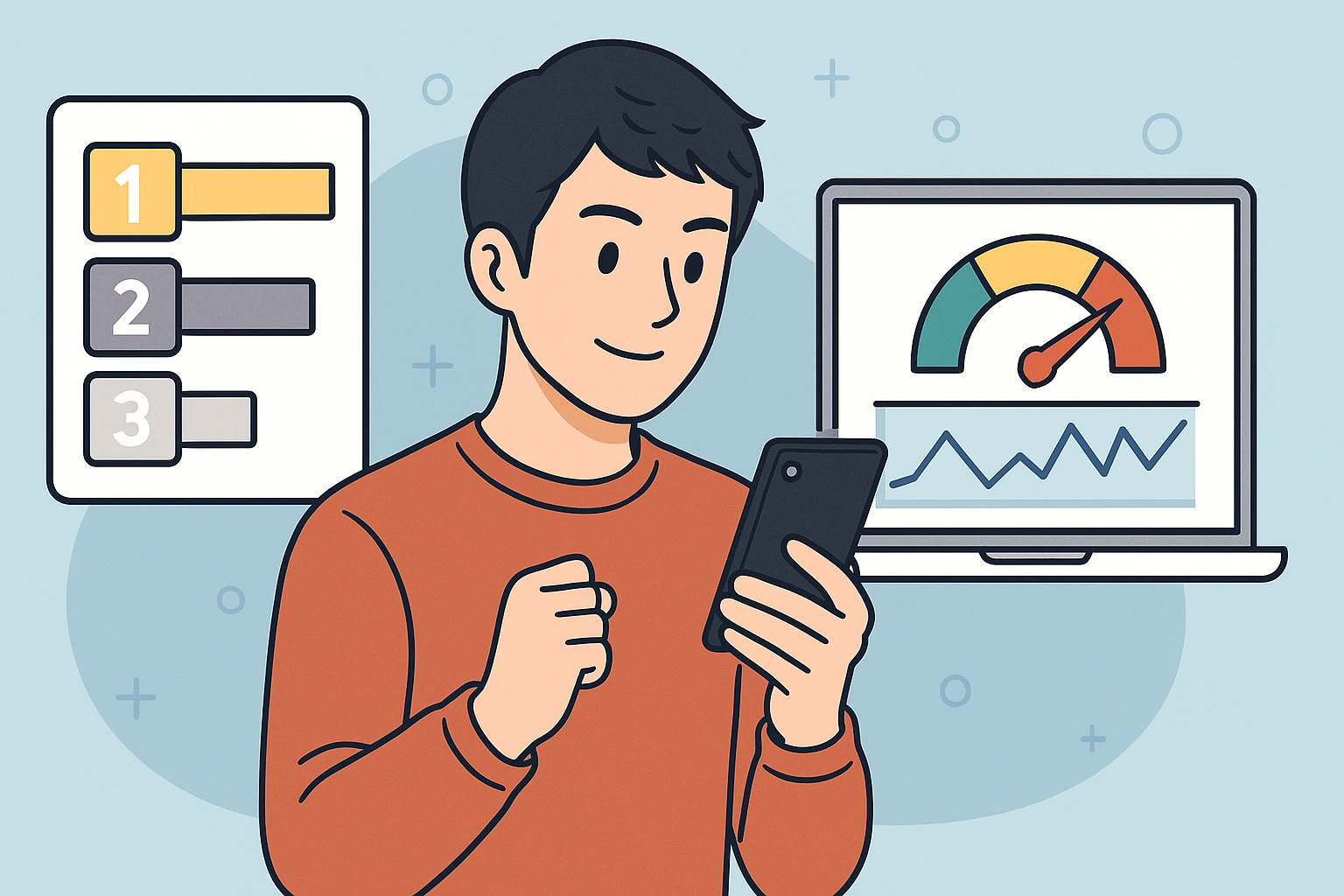 格安SIMの通信速度ランキングやリアルタイム速度比較を調べる日本人男性がスマートフォンを見つめるイラスト。背景にはランキング表と速度メーターが描かれ、現代的で清潔感のあるデザイン。