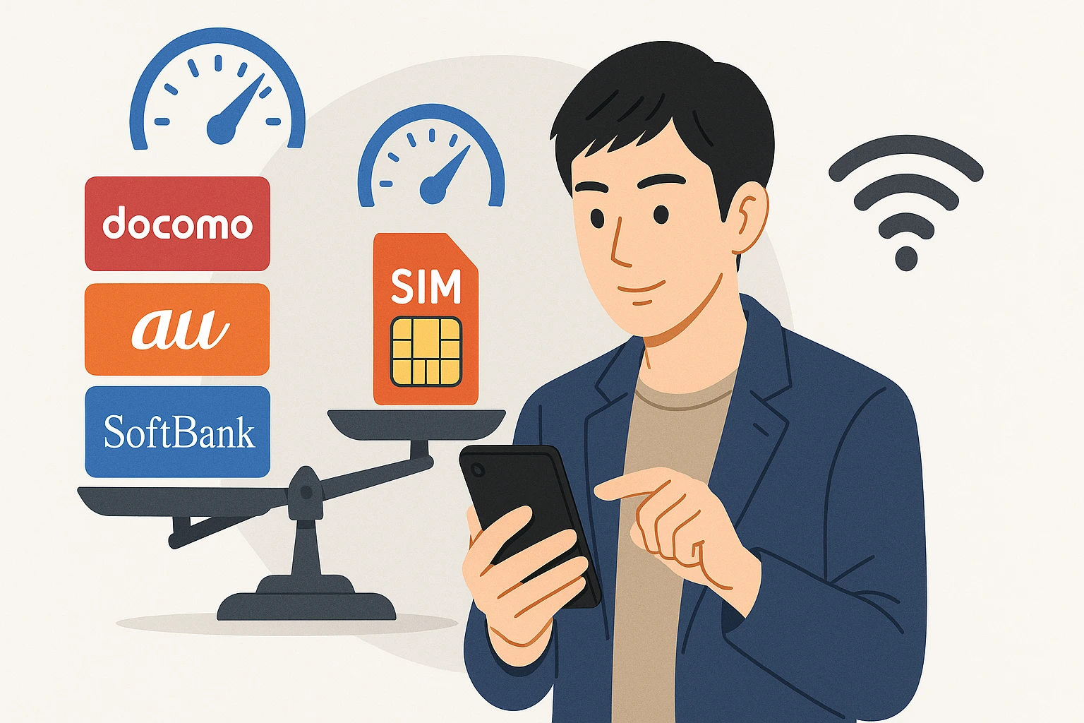 格安SIMと大手キャリア(ドコモ・au・ソフトバンク)の通信速度を比較している日本人男性がスマートフォンを操作しているイラスト。天秤やスピードメーターのアイコンが現代的かつ清潔感のあるスタイルで描かれている。