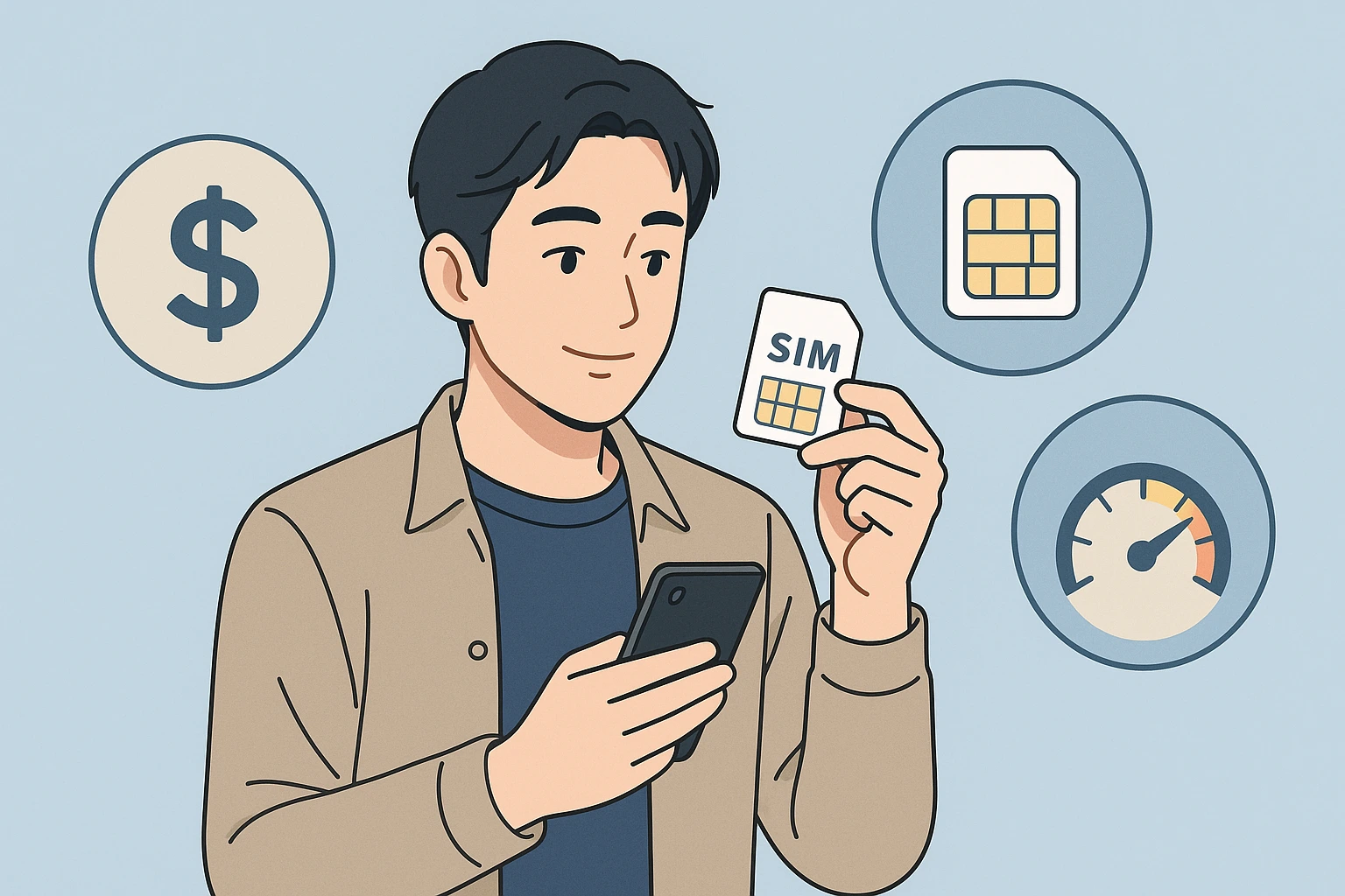 格安SIMの料金と通信速度のバランスを検討する日本人男性が、スマートフォンとSIMカードを手に持つイラスト。背景には通貨記号・SIM・スピードメーターのアイコンが描かれており、現代的で清潔感のある雰囲気。