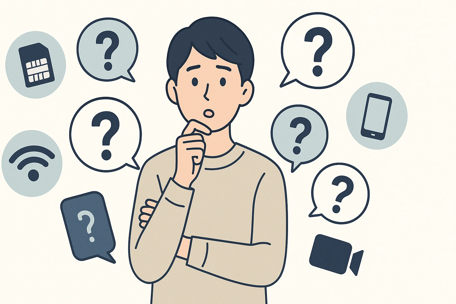 格安SIMに関する疑問を抱えて悩む日本人男性が顎に手を当てて考えているイラスト。周囲にSIMカード、Wi-Fi、スマホ、ビデオ会議アイコンと複数の疑問符が配置され、清潔感ある現代的な雰囲気。