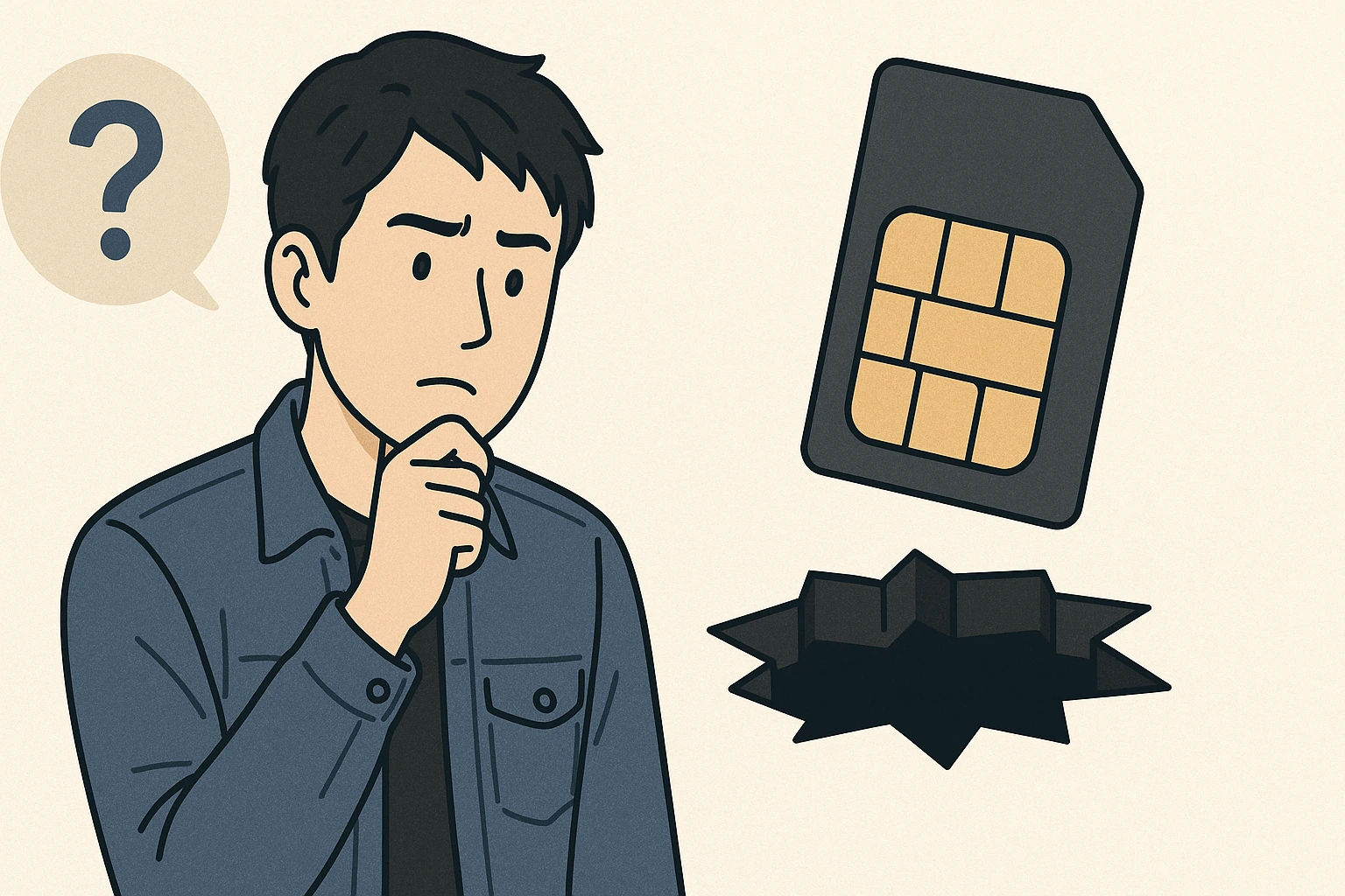 格安SIMの落とし穴に不安そうな表情を浮かべる30代日本人男性のイラスト