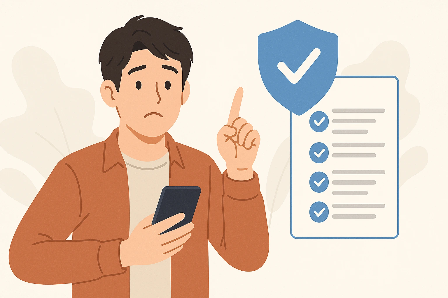格安SIMの注意点と対策をスマートにチェックする30代日本人男性のイラスト