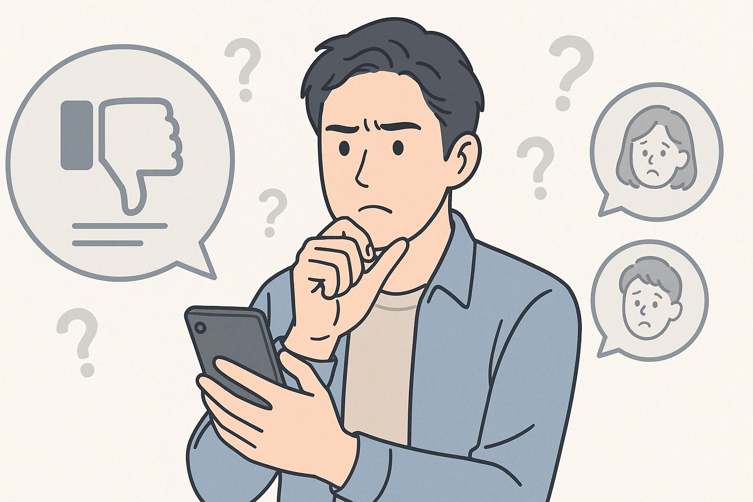 格安SIMに対する否定的な口コミや後悔の声をスマートフォンで確認して不安そうに考える30代日本人男性のイラスト