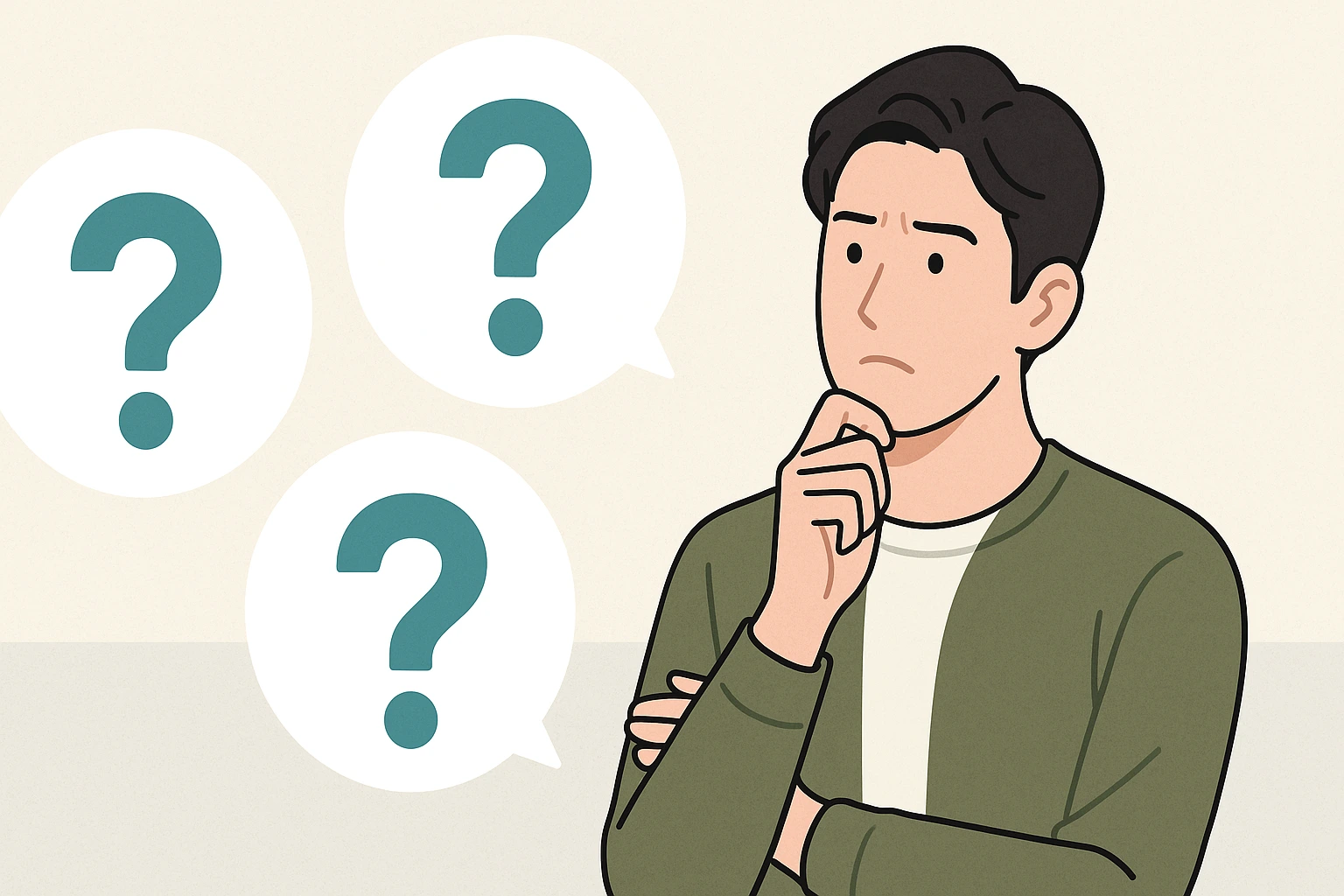 格安SIMの普及が進まない理由について考え込む30代日本人男性のイラスト