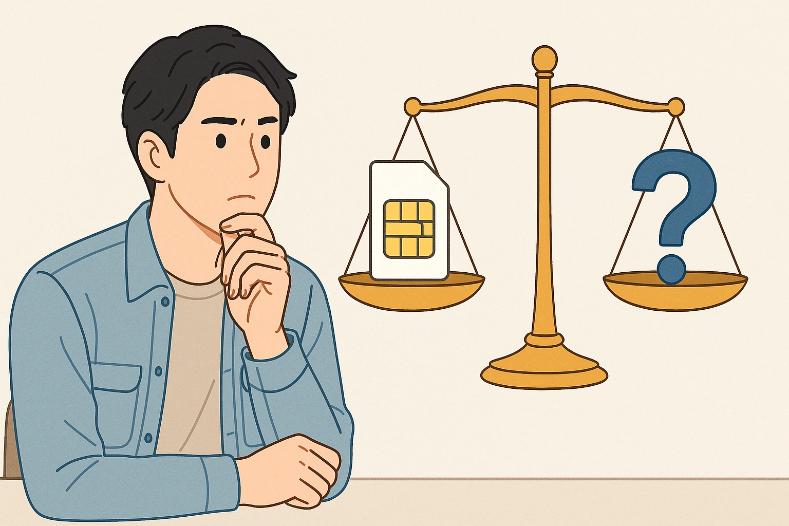 格安SIMのメリットと疑問を天秤にかけて真剣に悩む30代日本人男性のイラスト