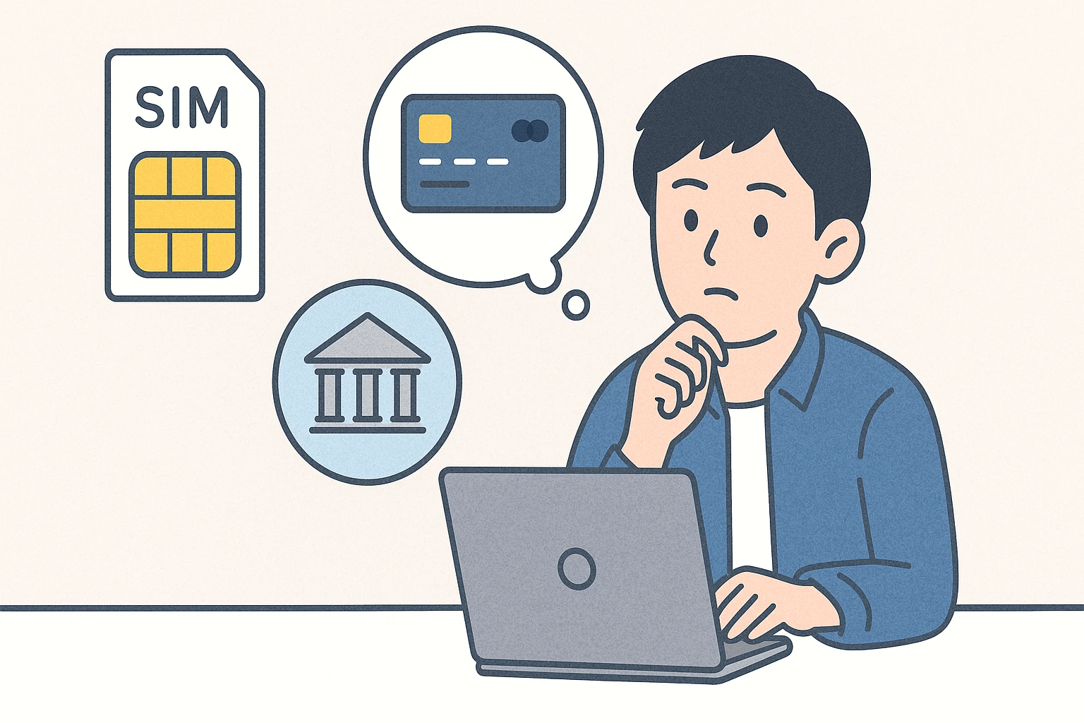 口座振替やクレジットカードの支払い方法について調べている若い日本人男性のイラスト（SIMカードと銀行・カードのアイコン付き）