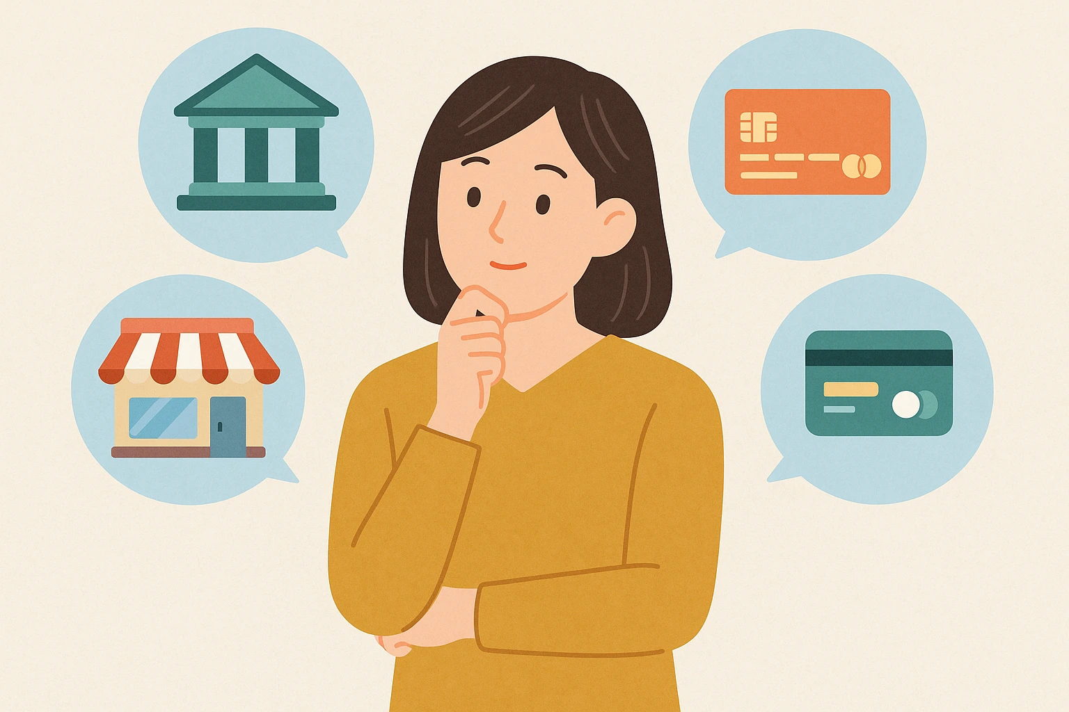 格安SIMの支払い方法（口座振替・デビットカード・コンビニ払いなど）について考える若い日本人女性のイラスト