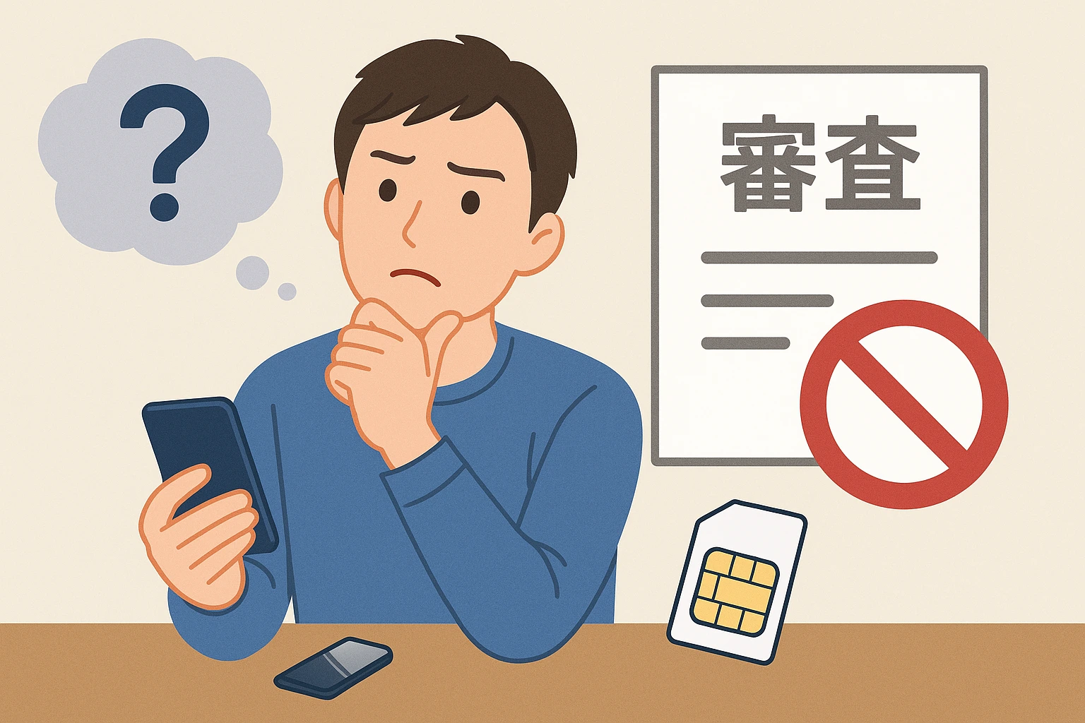 審査に不安を感じながら格安SIMの契約方法をスマートフォンで確認している日本人男性のイラスト