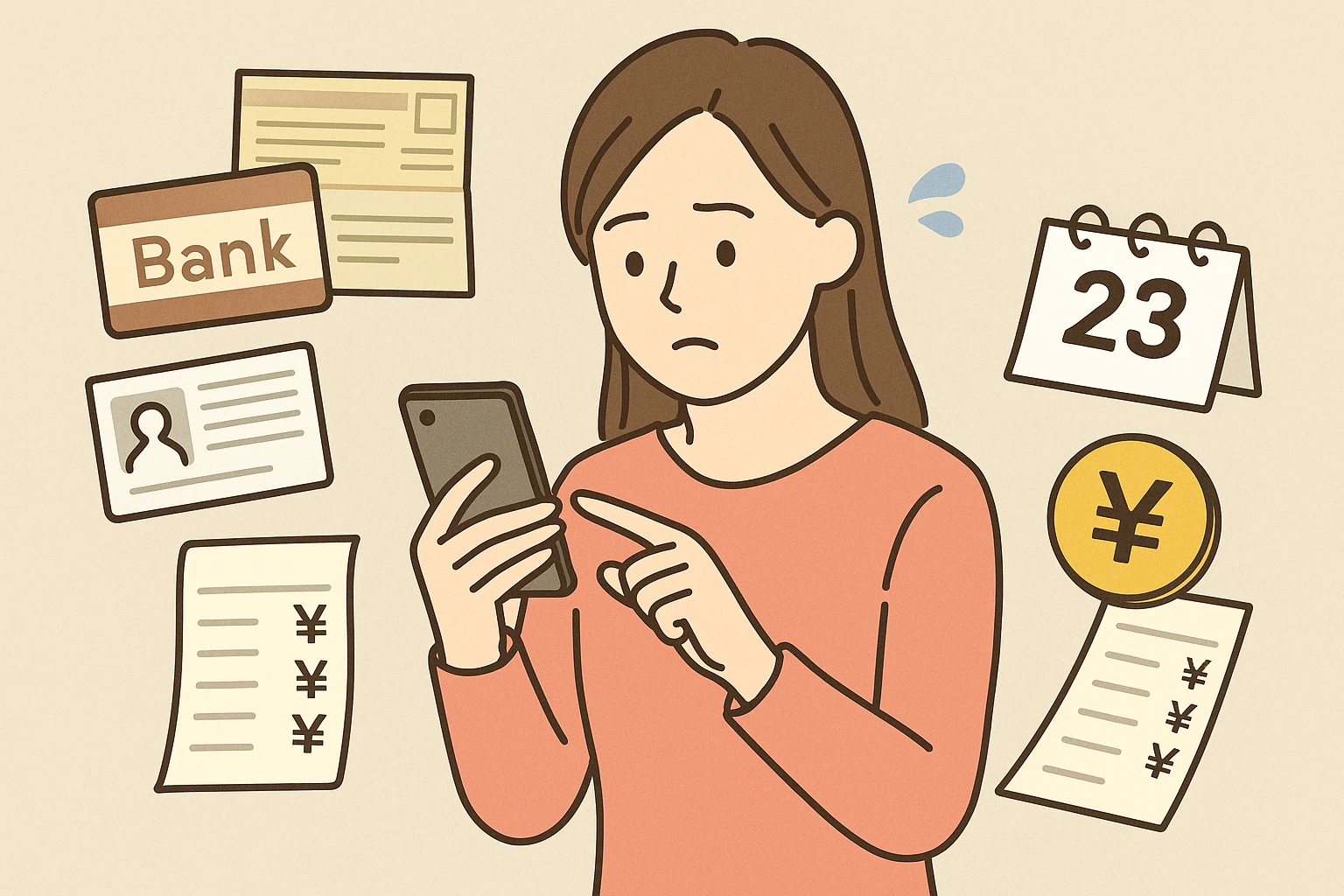 口座振替の引き落とし日や必要書類をスマホで確認する日本人女性のイラスト