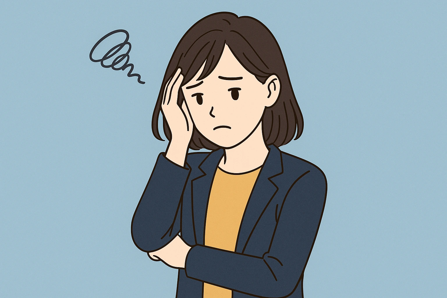 友人関係のトラブルに悩み、不安そうな表情を見せる20代前半の新卒日本人女性のイラスト