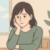 恋愛がうまくいかず悩んでいる20代後半から40代の日本人女性会社員が、考え込む様子を描いたイラスト