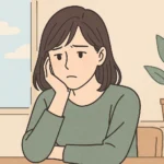 恋愛がうまくいかず悩んでいる20代後半から40代の日本人女性会社員が、考え込む様子を描いたイラスト