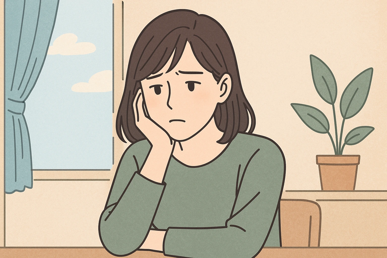 恋愛がうまくいかず悩んでいる20代後半から40代の日本人女性会社員が、考え込む様子を描いたイラスト