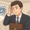 スーツ姿の20代日本人男性会社員がオフィスで疲れた表情をし、頭を抱えて悩んでいる様子を描いたイラスト