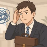 スーツ姿の20代日本人男性会社員がオフィスで疲れた表情をし、頭を抱えて悩んでいる様子を描いたイラスト