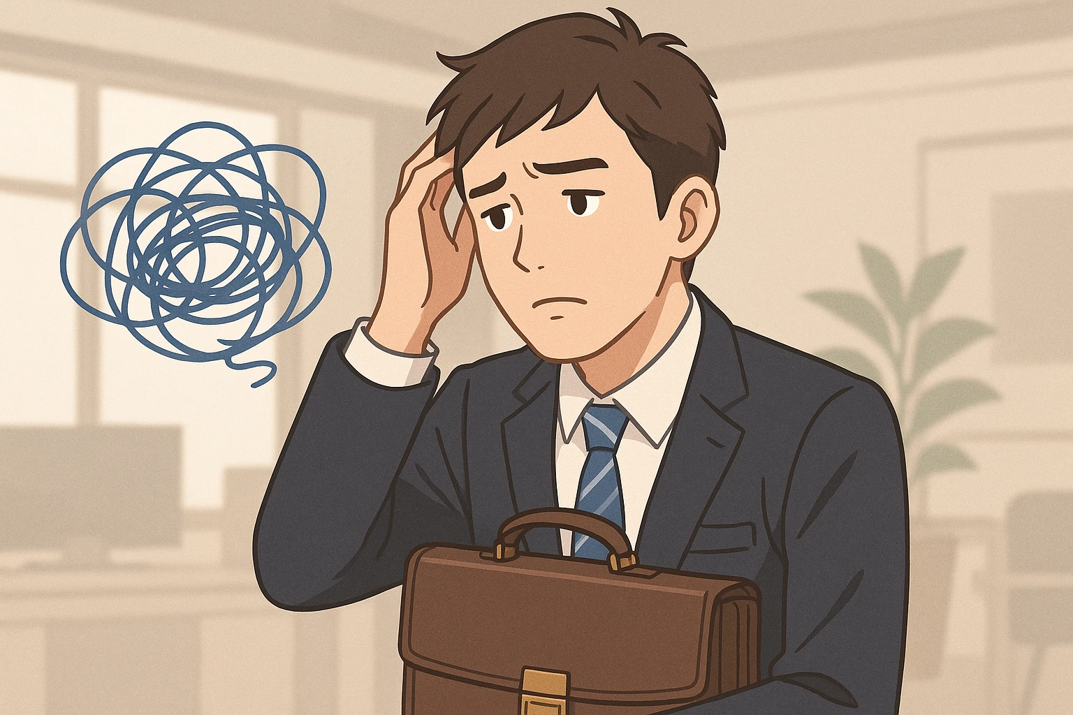 スーツ姿の20代日本人男性会社員がオフィスで疲れた表情をし、頭を抱えて悩んでいる様子を描いたイラスト