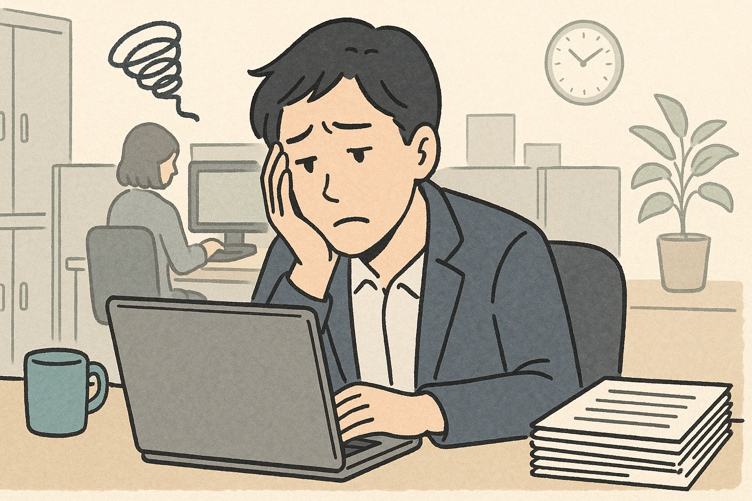 疲れた表情でデスクに座り、やる気を失っている30代の日本人会社員のイラスト。ノートパソコンの前で手に顔を当て、背後にはオフィスで働く同僚や時計が描かれている