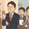 会議中に同僚の話を遮り、耳を貸さない態度をとる男性社員と、それに困惑・不満を示す周囲の日本人会社員を描いたイラスト