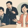職場で上司に叱責されて落ち込む日本人男性会社員と、優しく相談に応じる女性カウンセラーのイラスト