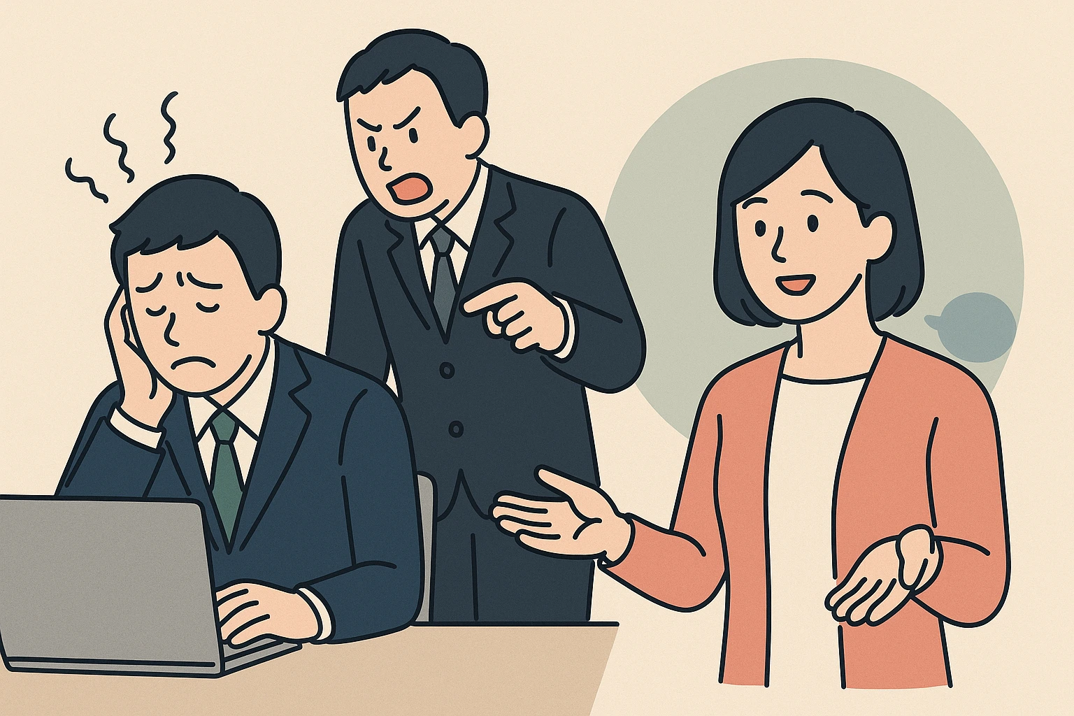 職場で上司に叱責されて落ち込む日本人男性会社員と、優しく相談に応じる女性カウンセラーのイラスト