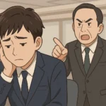 職場で上司に厳しく叱責され、疲れた表情を見せる日本人男性会社員のイラスト