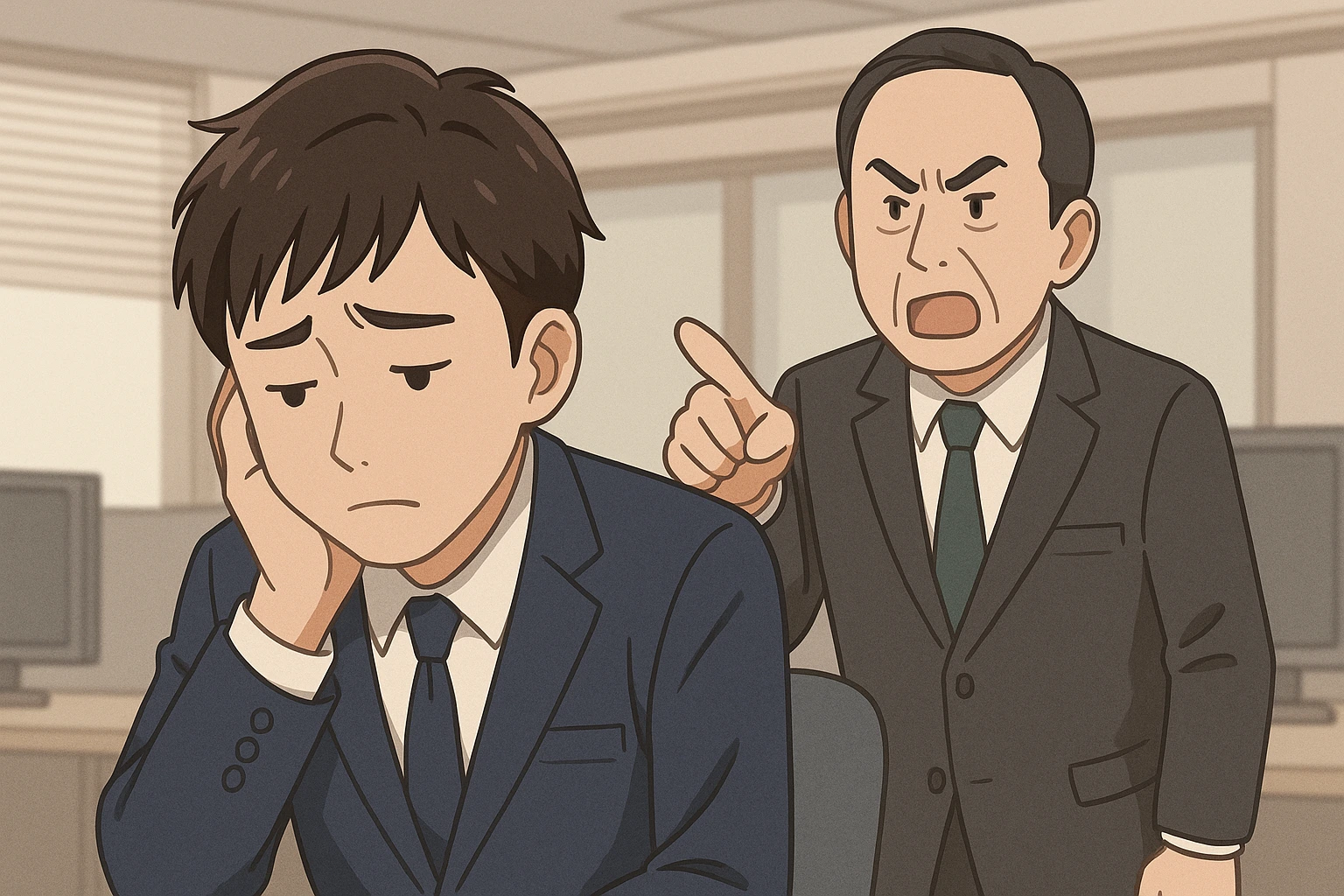 職場で上司に厳しく叱責され、疲れた表情を見せる日本人男性会社員のイラスト