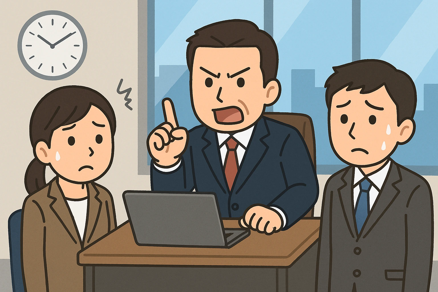 強い態度で指示を出す上司と、困惑した表情で聞いている部下や同僚の日本人会社員を描いたイラスト