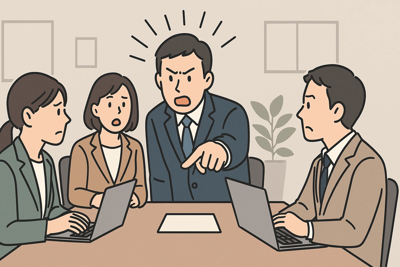 会議中に強く意見を押し付ける男性社員と、困惑した表情で聞く同僚たちを描いた日本人会社員のイラスト