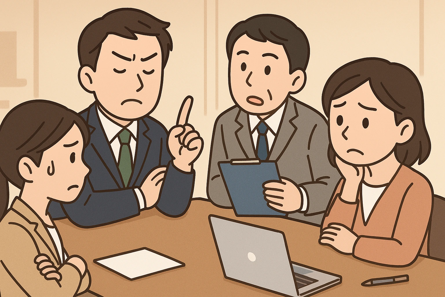 会議で自分が正しいと主張する男性社員と、困惑しつつも冷静に対応しようとする同僚の日本人会社員を描いたイラスト