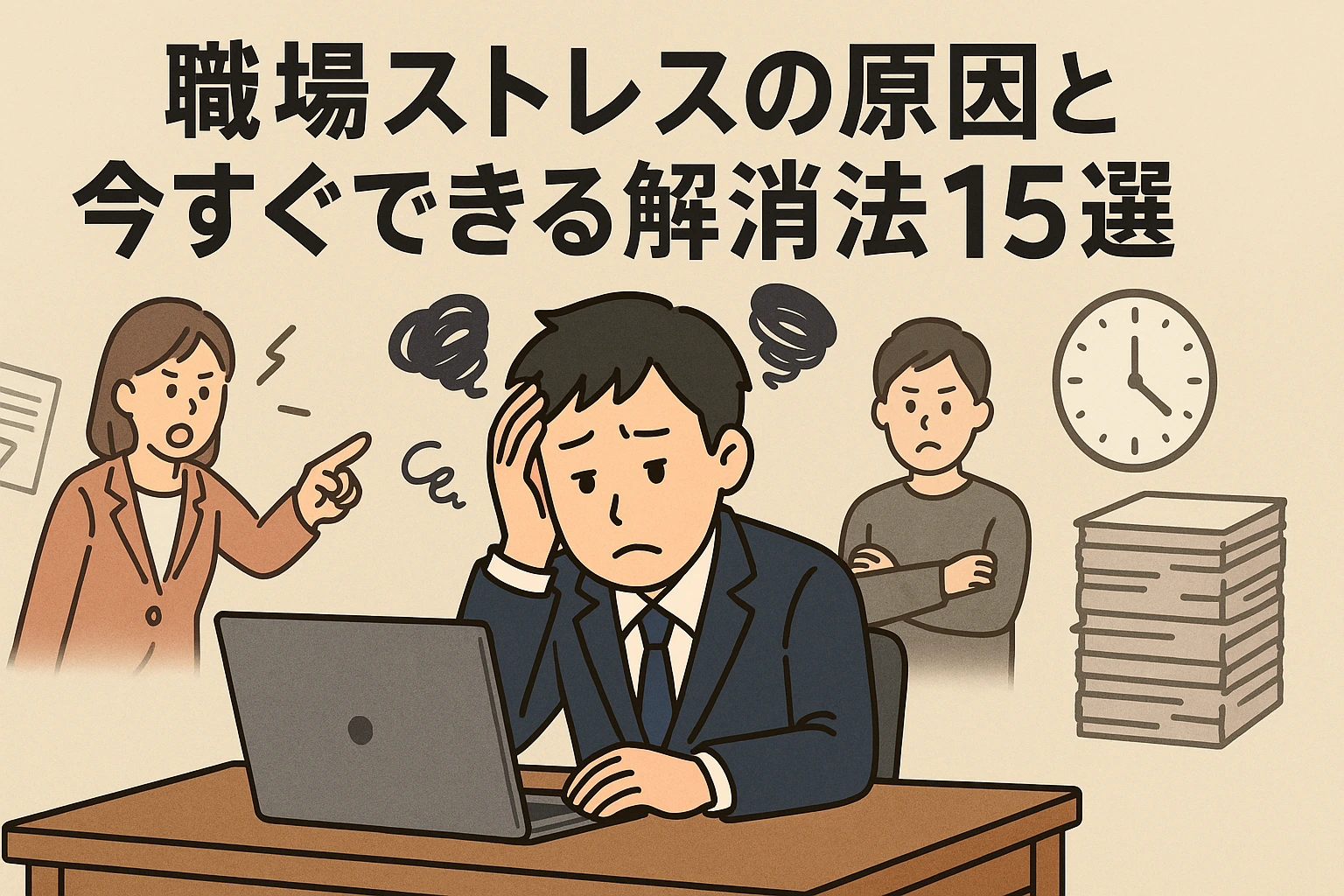職場でストレスを抱える日本人男性がパソコンの前で悩んでいる様子。後ろには不満そうな同僚や叱責する上司、山積みの書類と時計が描かれ、働く人々のストレス状況を表現したイラスト風の画像
