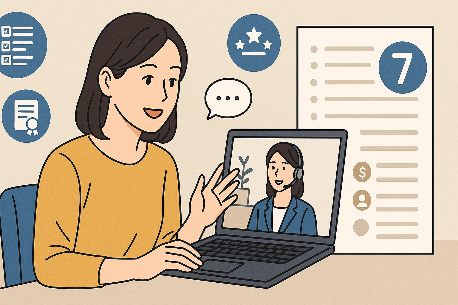 自宅でオンラインカウンセリングを受ける日本人女性のイラスト。パソコン越しにカウンセラーと話しながら笑顔でうなずく様子が描かれ、落ち着いたベージュトーンの背景に観葉植物や資料アイコンが添えられている。