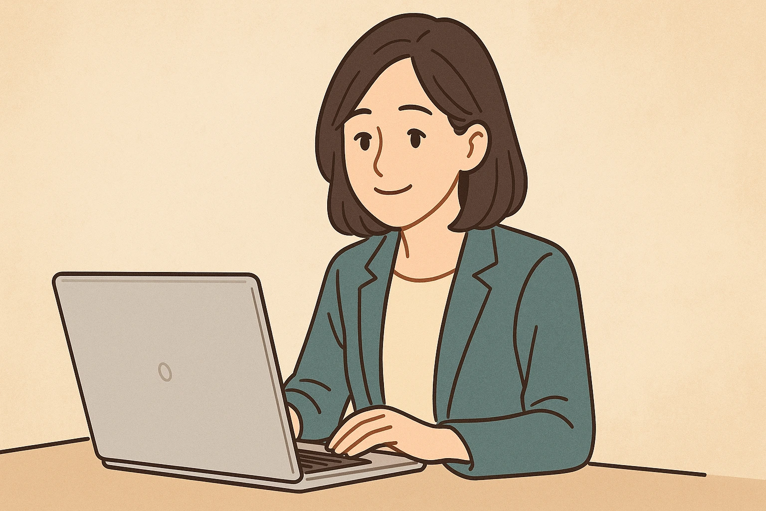 安心した表情でノートパソコンに向かう20〜40代の日本人女性のイラスト