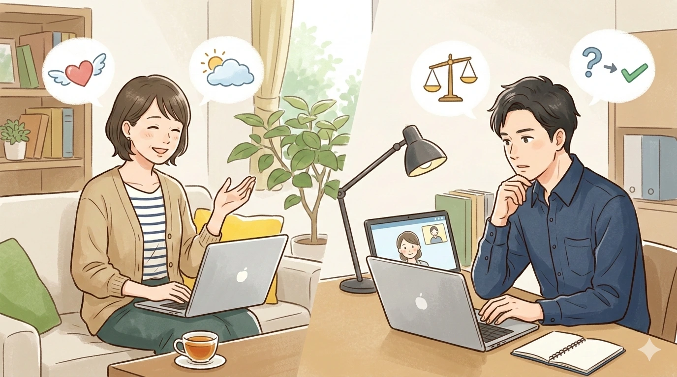 パソコンの画面に映るオンラインカウンセラーと対話する、日本人男女の様子を描いたイラスト。