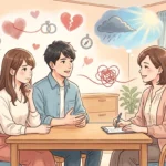 恋愛の悩みを抱えた女性が、カウンセラーに相談している様子を描いたイラストです。女性はソファに座り、カウンセラーは机を挟んで座っています。背景には、本棚や植物が並んでいます。