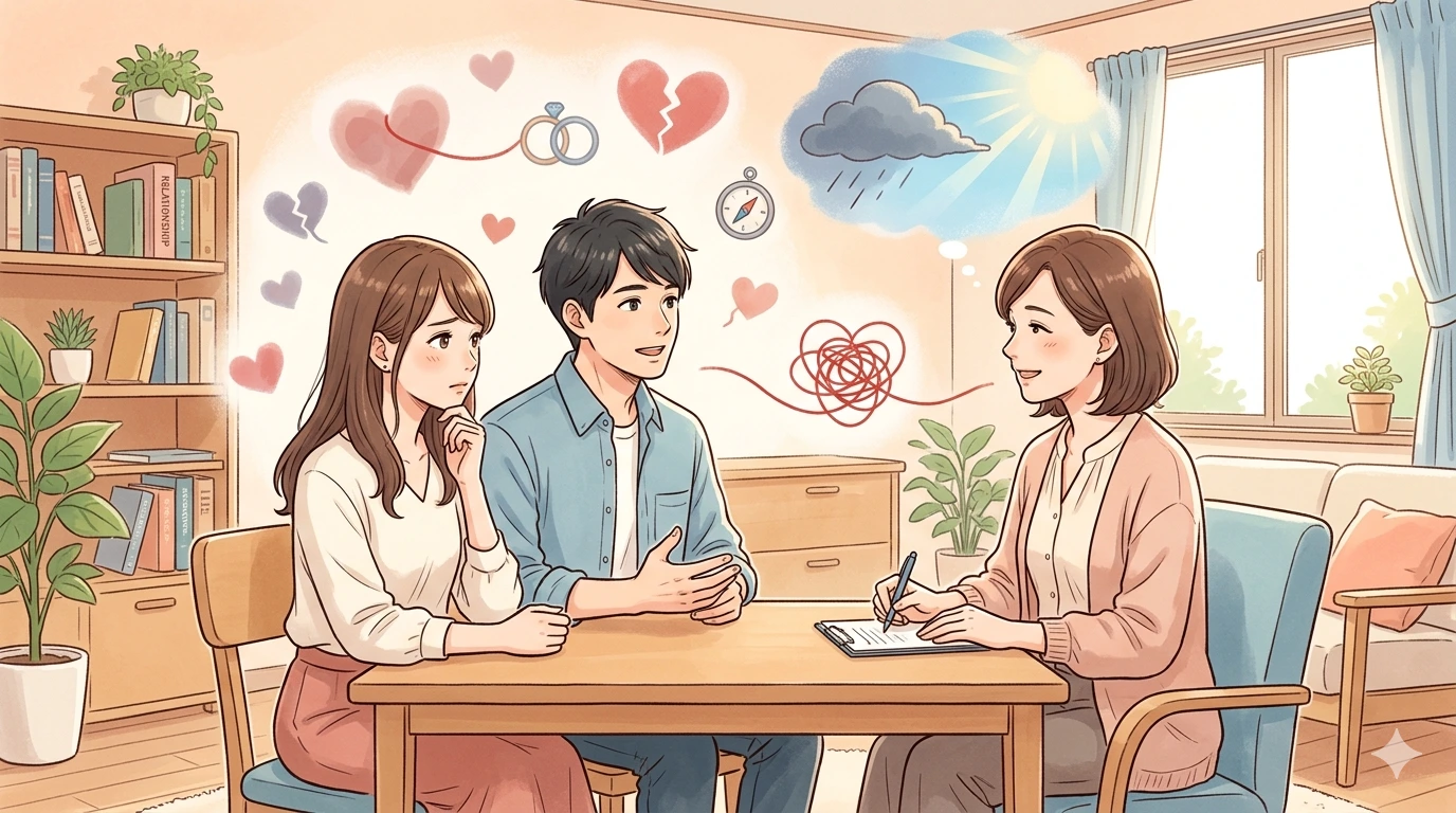 恋愛の悩みを抱えた女性が、カウンセラーに相談している様子を描いたイラストです。女性はソファに座り、カウンセラーは机を挟んで座っています。背景には、本棚や植物が並んでいます。