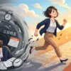 先延ばしや自己否定の悪循環（左側の暗い渦）から抜け出し、明るい未来（右側の日の出と道）へ向かって笑顔で走り出す日本人会社員のイラスト。