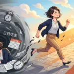 先延ばしや自己否定の悪循環（左側の暗い渦）から抜け出し、明るい未来（右側の日の出と道）へ向かって笑顔で走り出す日本人会社員のイラスト。