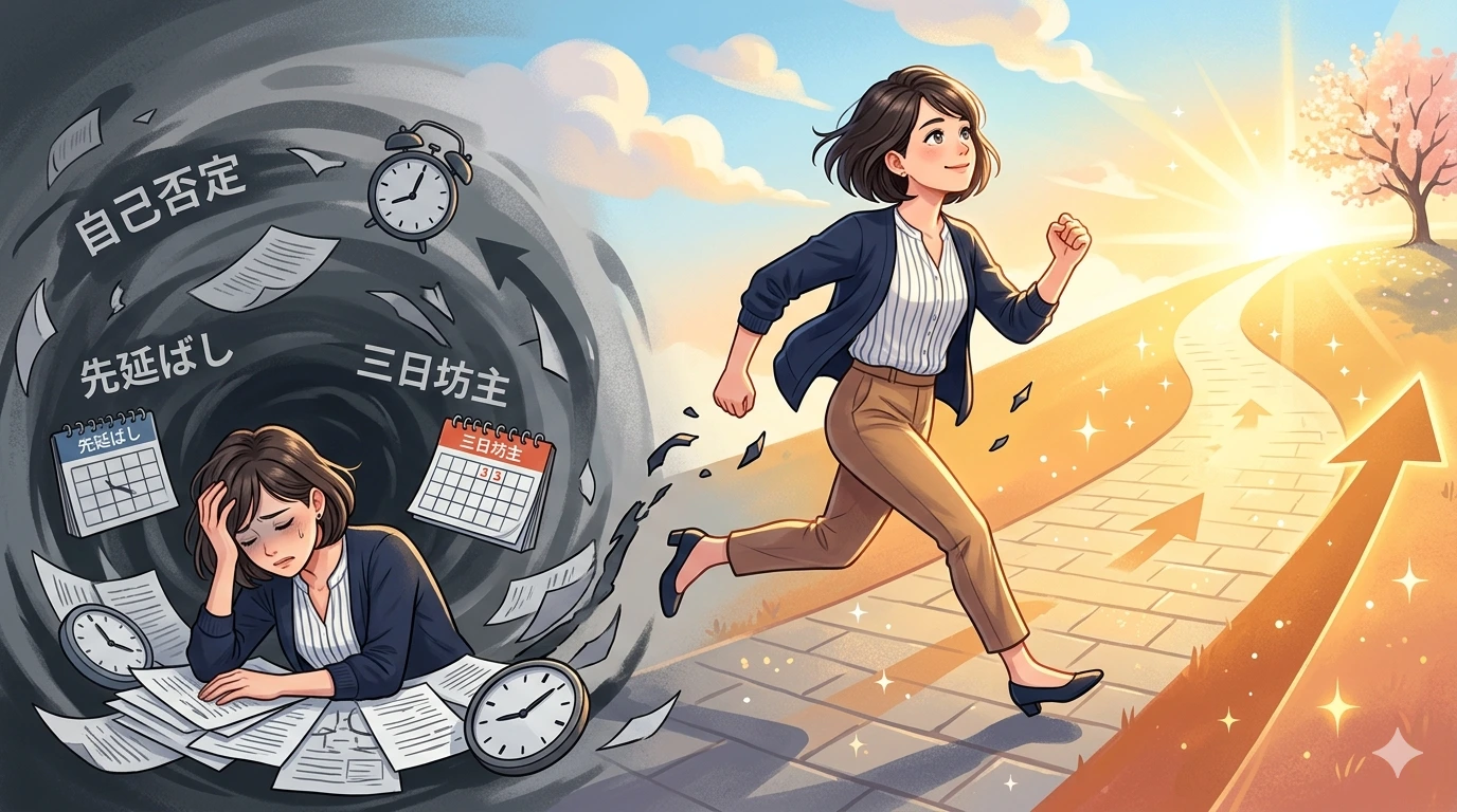 先延ばしや自己否定の悪循環（左側の暗い渦）から抜け出し、明るい未来（右側の日の出と道）へ向かって笑顔で走り出す日本人会社員のイラスト。